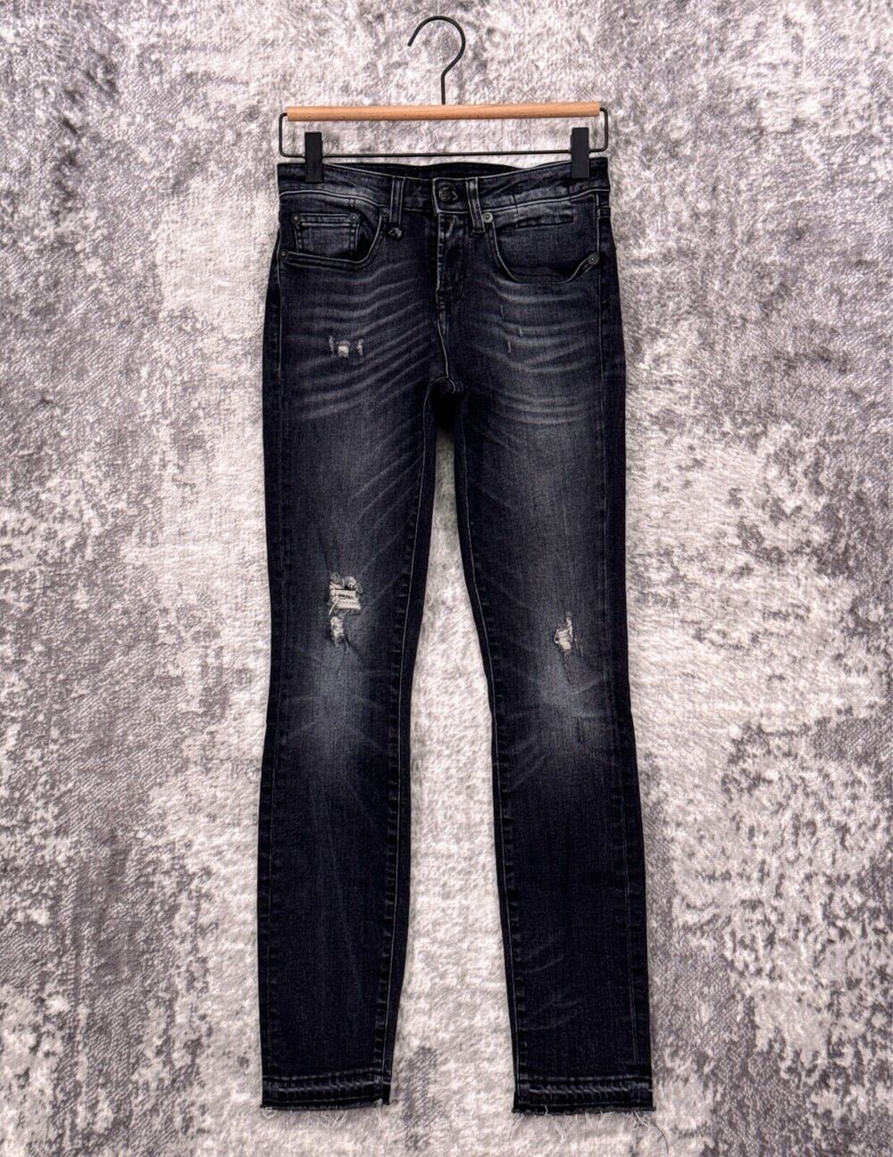 R13 Jeans 25 Womens Jenny Mid Rise Skinny Distressed Black Denim